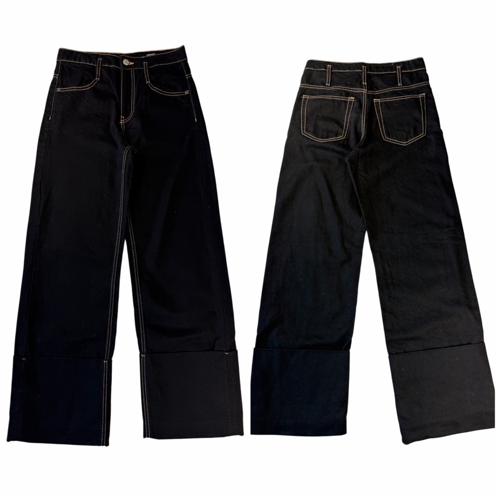 ✅Zara Darkest Blue/Black Wide Leg Thick rolled up hem Jeans Contrast Stitching 2